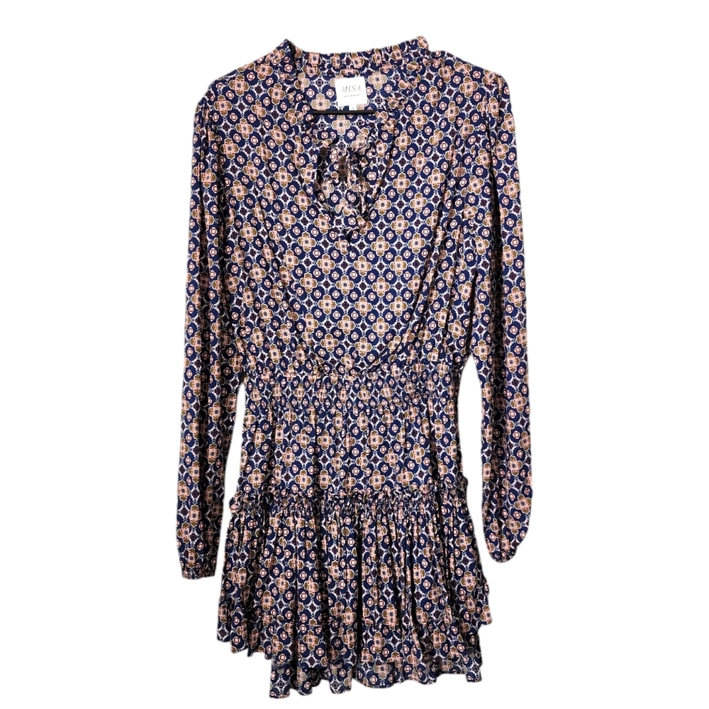 MISA Lorena Dress tile print tie front ruffle skirt mini dress long sleeve S